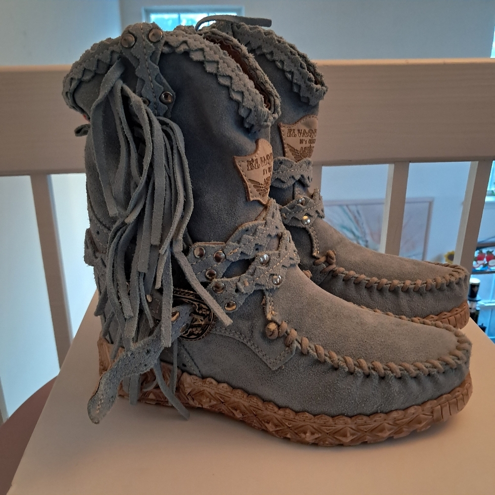 El Vaquero Boots Women's 37 7 Blue Suede Fringe Arya Silverstone Sky Wedge - Picture 2 of 10